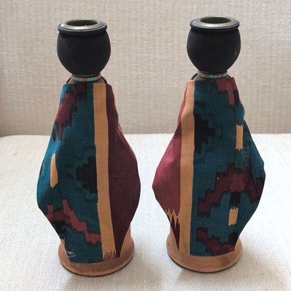 Handcrafted Solid Wood Native American Women Taper Candleholders Set of 2 - Picture 4 of 12